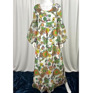 Vintage 1960’s Floral Printed Chiffon Maxi Dress - Peasant Sleeve Gown - Small